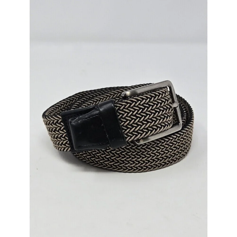 TOMMY BAHAMA STRETCH KHAKI & BLACK WOVEN FABRIC & LEATHER BELT MENSWEAR MEN L/XL